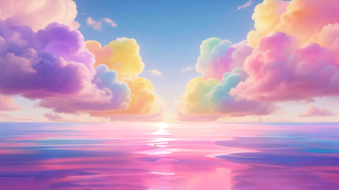 粉色梦幻天空海面唯美彩虹云朵水面梦幻云彩