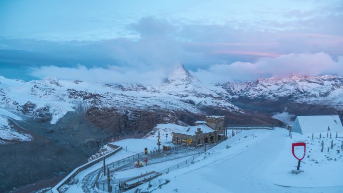 瑞士采尔马特(Gornergrat Zermatt)的延时摄影，冬季从Gornergrat俯瞰马特洪