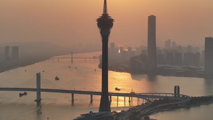 澳门城市日落景观航拍