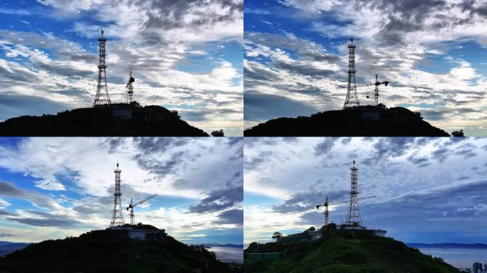 山顶造物 云霞溢彩  信号塔与云层景观