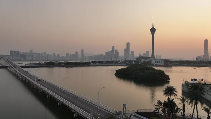 澳门城市日落景观航拍