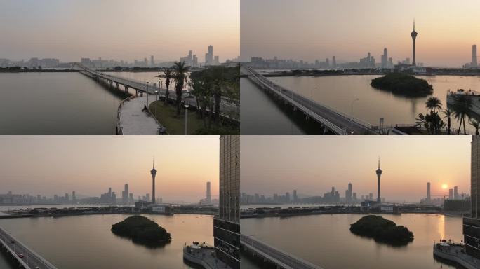 澳门城市日落景观航拍