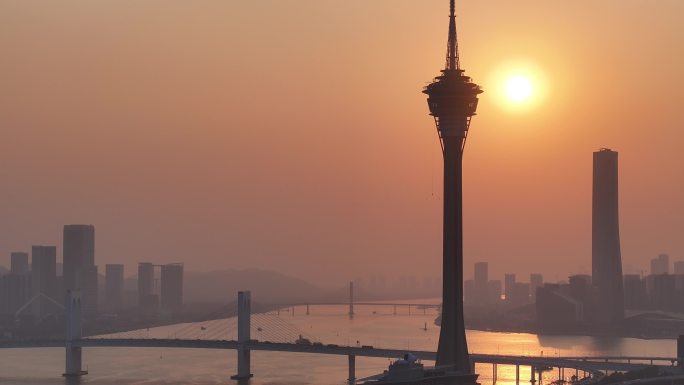 澳门城市日落景观航拍