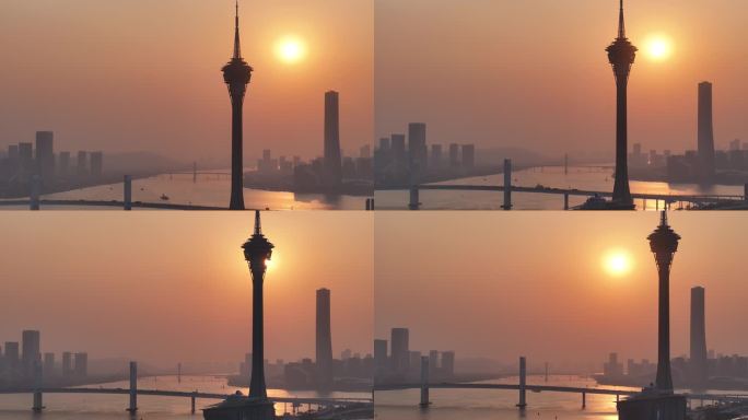 澳门城市日落景观航拍