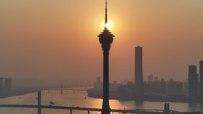 澳门城市日落景观航拍