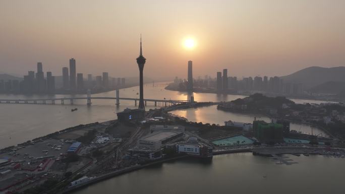 澳门城市日落景观航拍