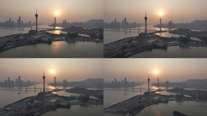 澳门城市日落景观航拍