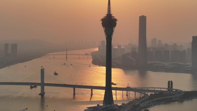 澳门城市日落景观航拍