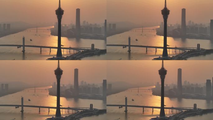 澳门城市日落景观航拍