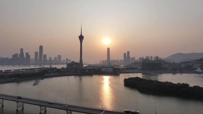 澳门城市日落景观航拍