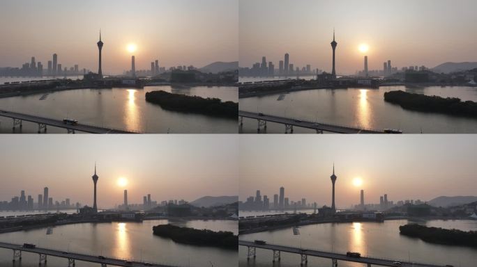 澳门城市日落景观航拍