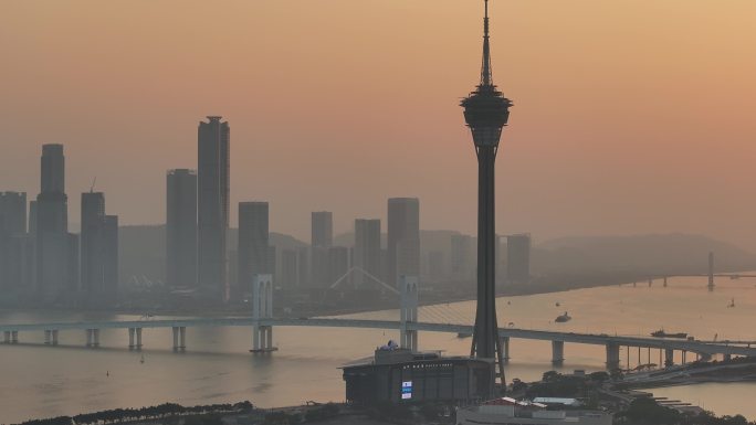 澳门城市日落景观航拍