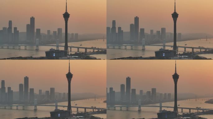 澳门城市日落景观航拍