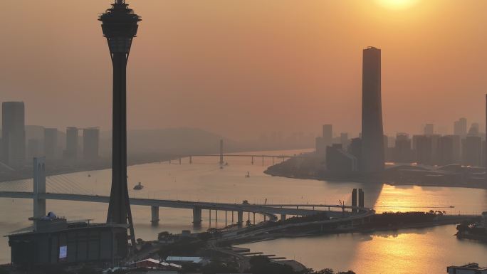 澳门城市日落景观航拍