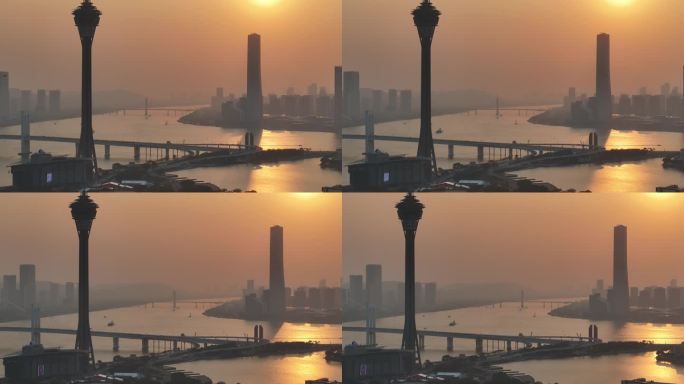 澳门城市日落景观航拍