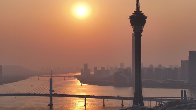 澳门城市日落景观航拍