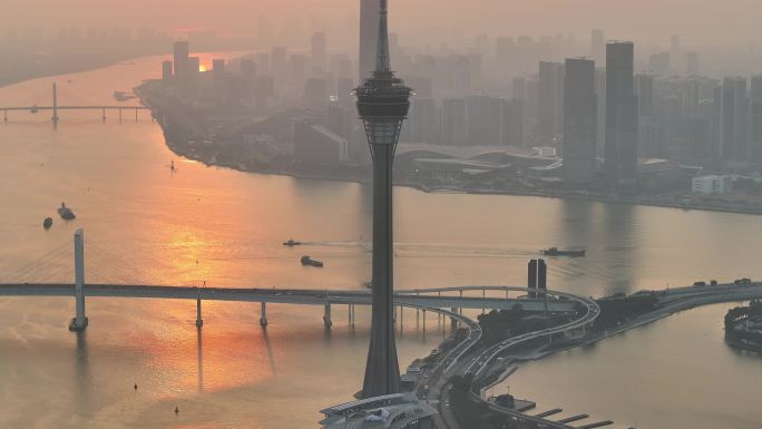澳门城市日落景观航拍