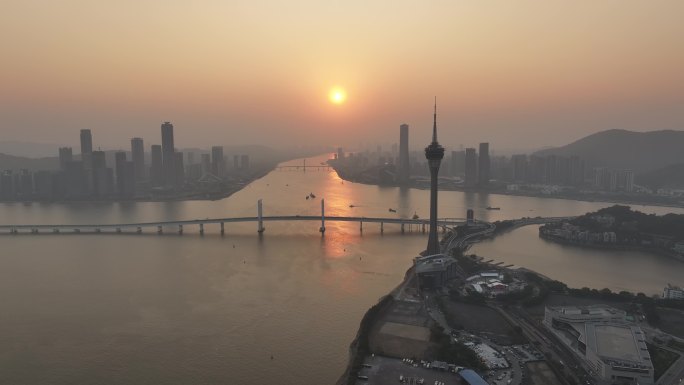 澳门城市日出景观航拍