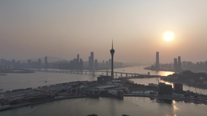 澳门城市日落景观航拍