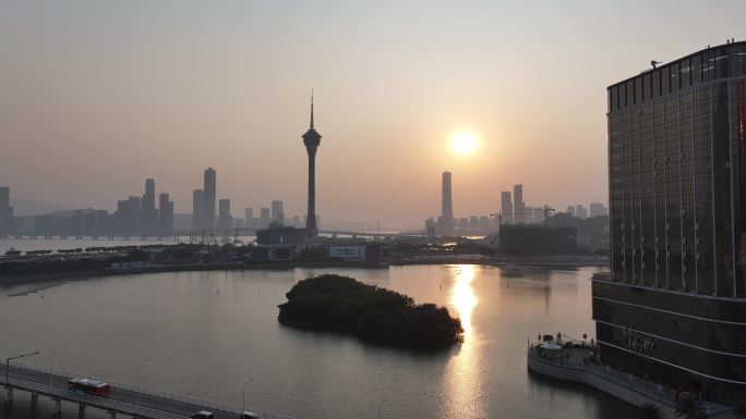 澳门城市日落景观航拍