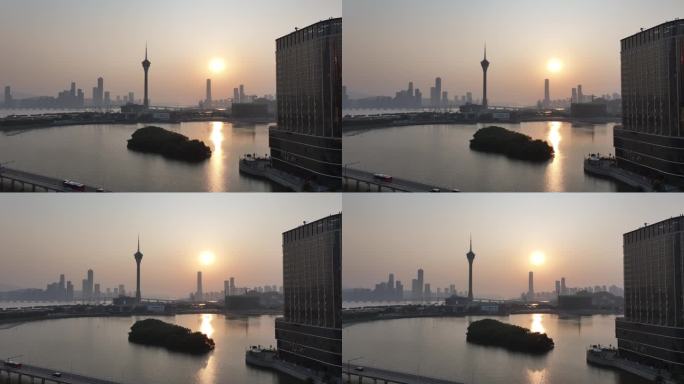 澳门城市日落景观航拍
