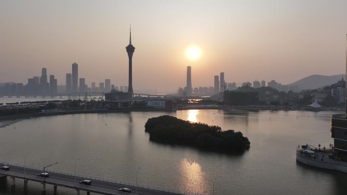 澳门城市日落景观航拍