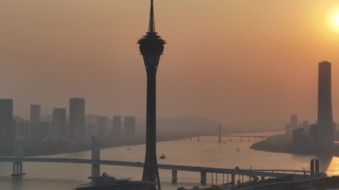 澳门城市日落景观航拍