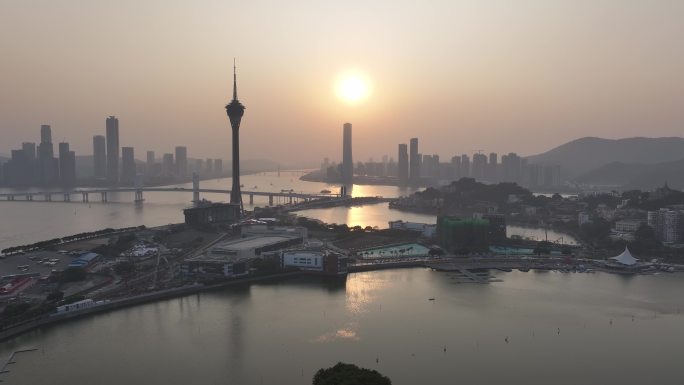 澳门城市日落景观航拍