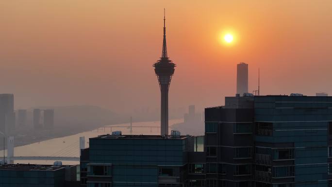 澳门城市日落景观航拍