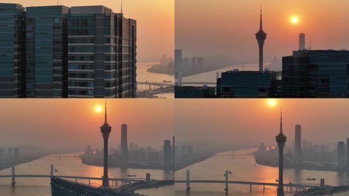 澳门城市日落景观航拍