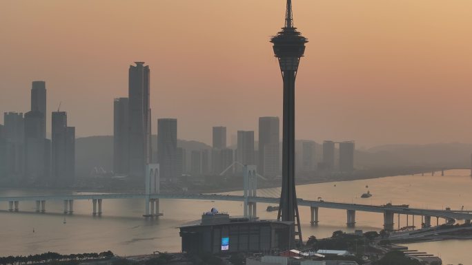 澳门城市日落景观航拍