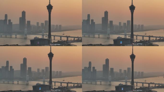 澳门城市日落景观航拍