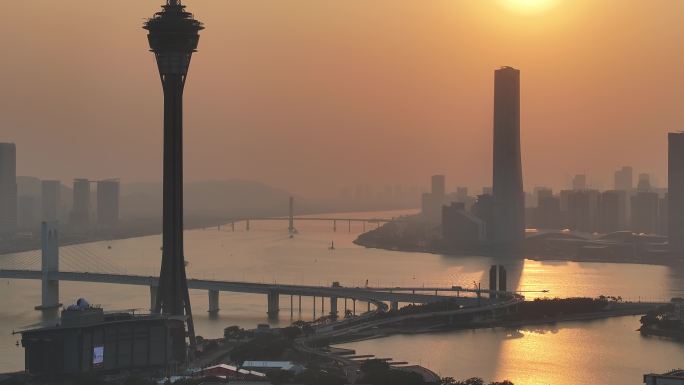澳门城市日落景观航拍