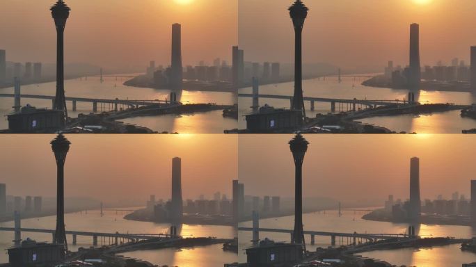 澳门城市日落景观航拍