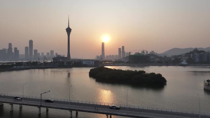 澳门城市日落景观航拍