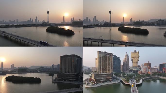 澳门城市日落景观航拍