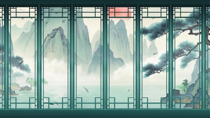 四季水墨山水屏风