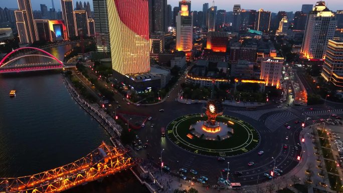 天津夜景 世纪钟 解放桥 游船 津湾广场