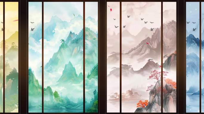 水墨国风四季山水意境舞台大屏