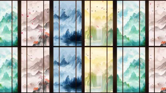 水墨国风四季山水意境舞台大屏