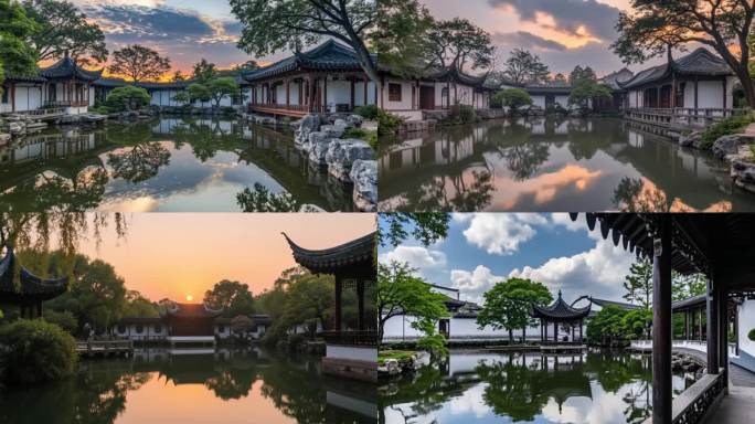 江南园林苏州园林航拍中式庭院景观建筑风光