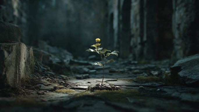 废墟缝隙中的生命植物顽强生长