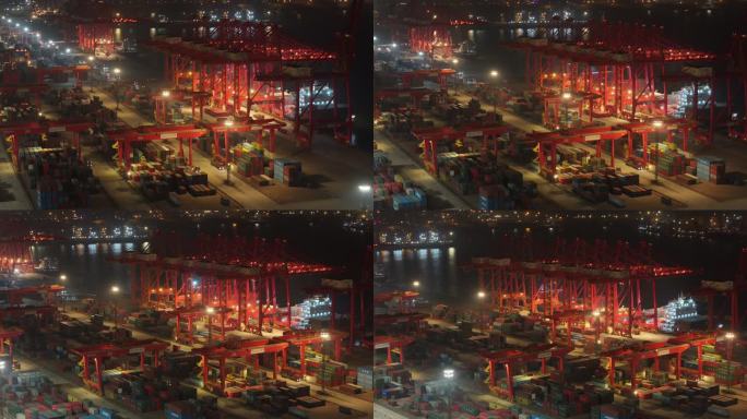 日照港夜景航拍 集装箱码头航拍
