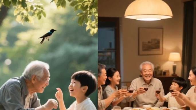 祖孙户外互动与家庭温馨晚餐