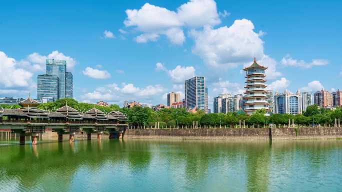 湖南烈士公园风雨桥和潇湘阁同框延时