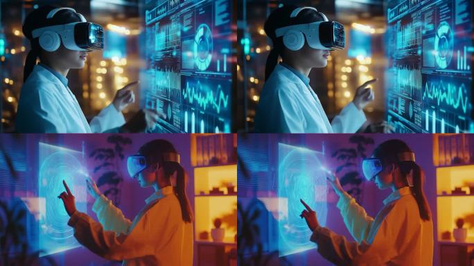 研究生带着VR眼镜虚拟现实世界中操控大屏
