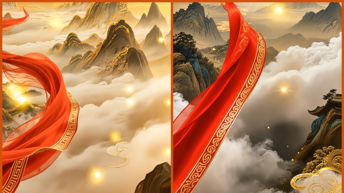 国风 山水 祥云 红绸 金色纹样 中国风