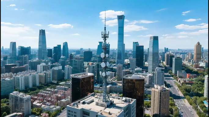 北京CBD城市天际线信号塔5G基站航拍