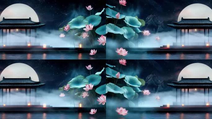 唯美荷花月夜中国风亭台楼阁