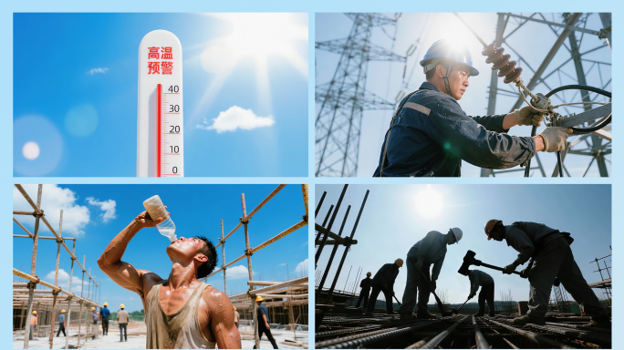 高温天气工人外卖员户外作业炎热夏天汗水